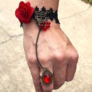 Steampunk Lace, Rose, Beads wristlet, Bracelet Chain Ring
